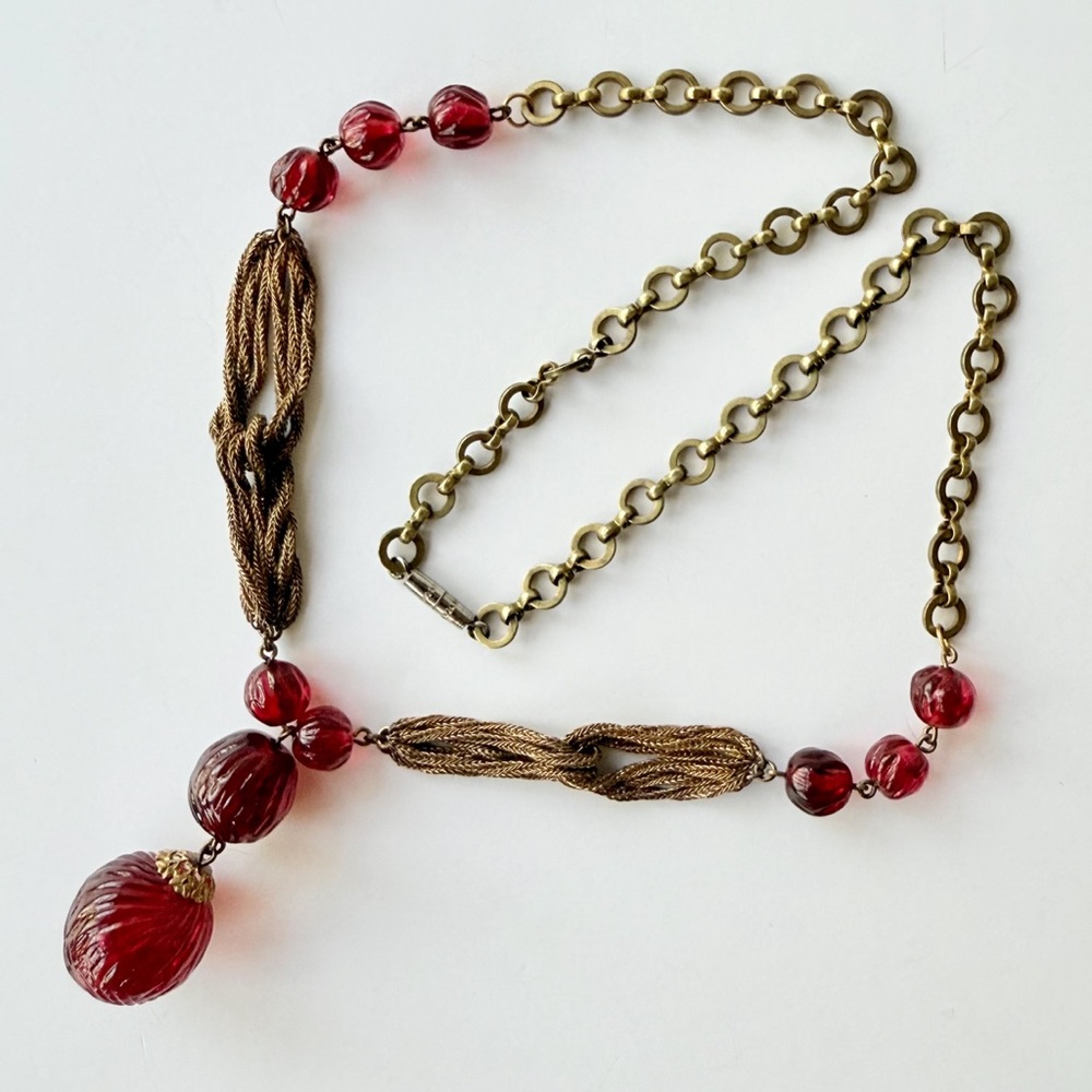 Vintage Louis Rousselet French Couture Red Glass Melon Bead Drop Chain Necklace - Picture 8 of 16